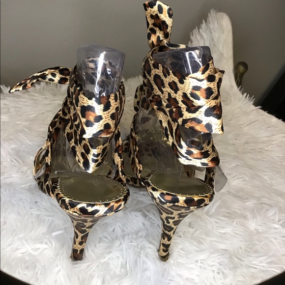 Ellie Leopard Print Tie-Up The Leg Sandals With Rhinestone Chain Detail - Picture 10 of 12
